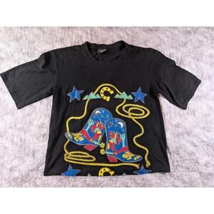 Vintage 90s Linda Kay Design Western Cowboy Boots Cropped T Shirt Black Womens S